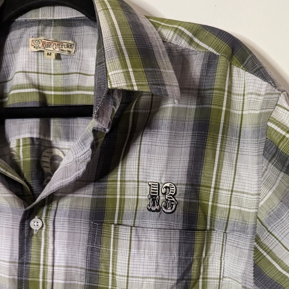 Lucky 13 zombie tiki button up shirt plaid green rockabilly retro pin up M L - Picture 6 of 12
